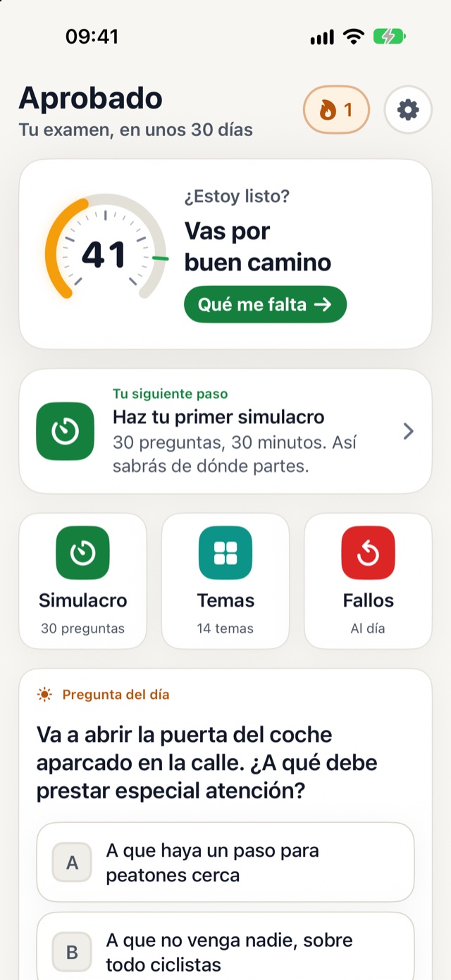 Pantalla de inicio de Aprobado: índice ¿Estoy listo? en 41, el siguiente paso y la pregunta del día