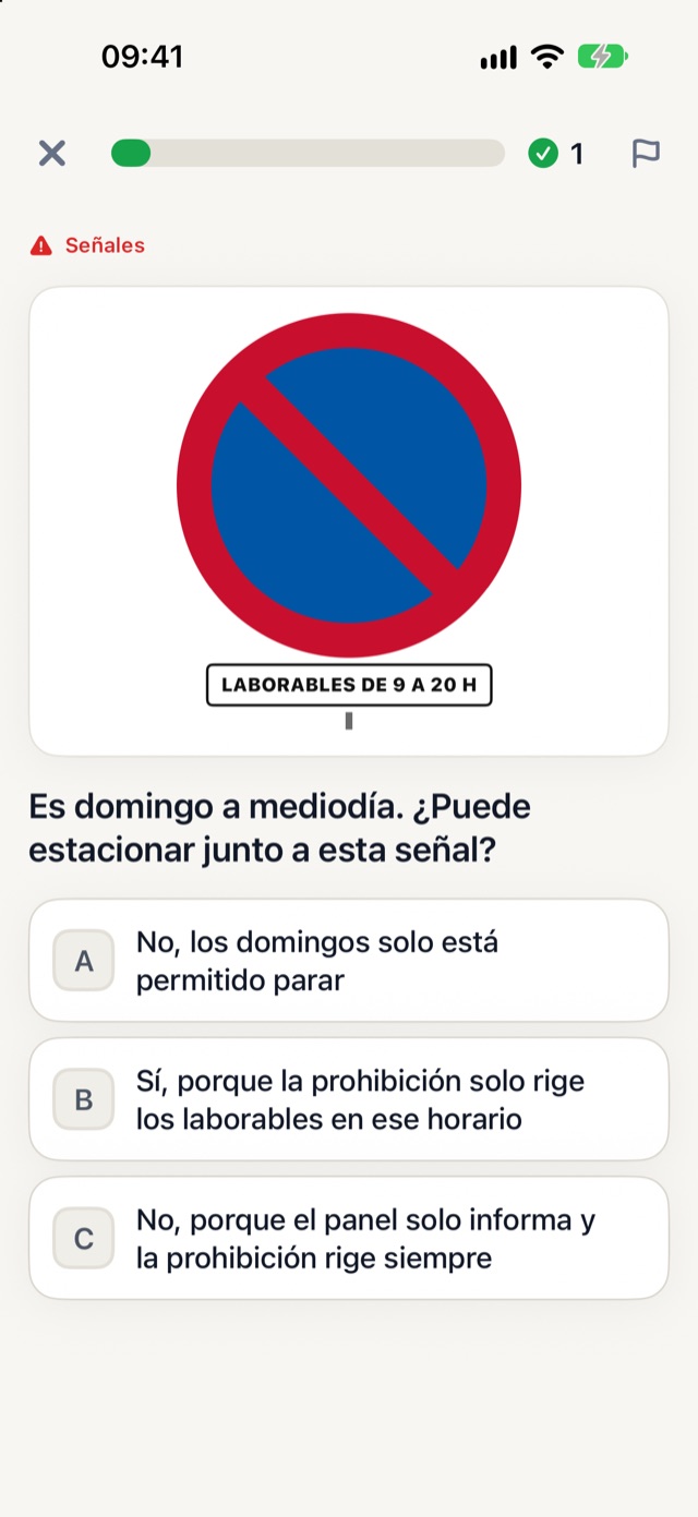 Señal de estacionamiento prohibido con el panel «Laborables de 9 a 20 h»
